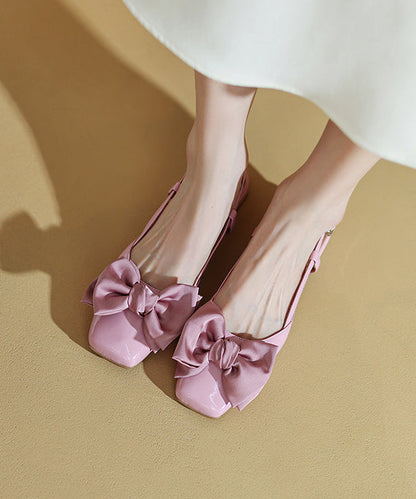 Elegant Splicing Bow Chunky Sandals Pink Cowhide Leather RI033 ABC