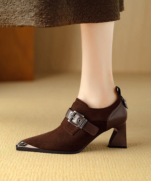 Elegant Splicing Chunky High Heels Brown Suede Pointed Toe RX010 ABC