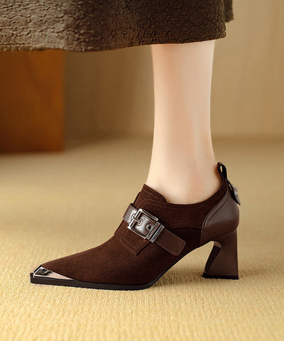Elegant Splicing Chunky High Heels Brown Suede Pointed Toe RX010 ABC