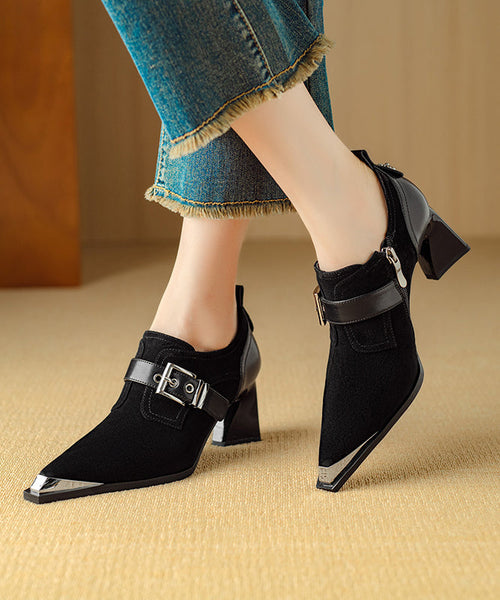 Elegant Splicing Chunky High Heels Brown Suede Pointed Toe RX010 ABC