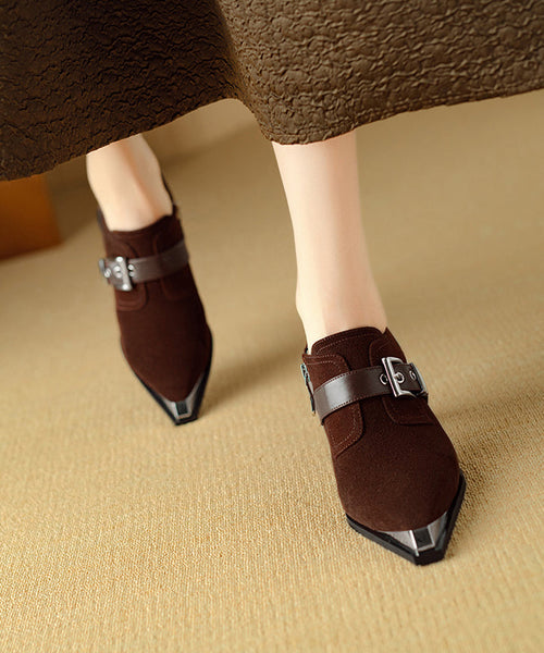 Elegant Splicing Chunky High Heels Brown Suede Pointed Toe RX010 ABC