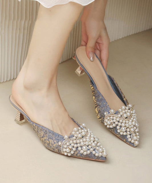 Elegant Pointed Slide Heel Bead Blue Splicing Sandals Nail High FashionChic