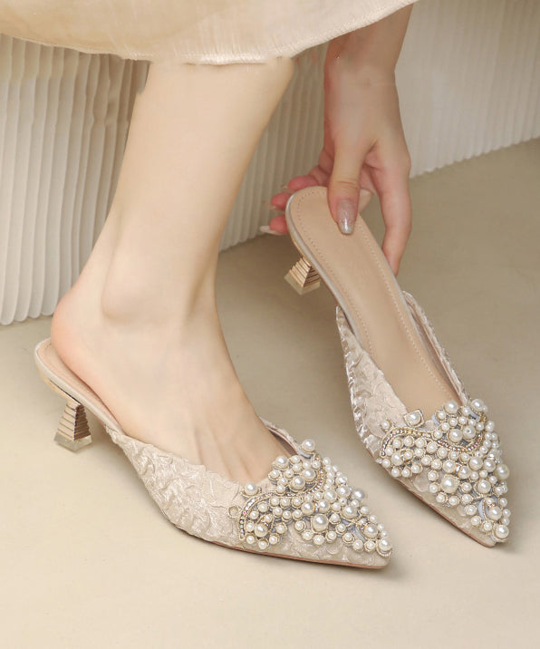 Elegant Pointed Slide Heel Bead Blue Splicing Sandals Nail High FashionChic