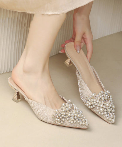 Elegant Pointed Slide Heel Bead Blue Splicing Sandals Nail High FashionChic
