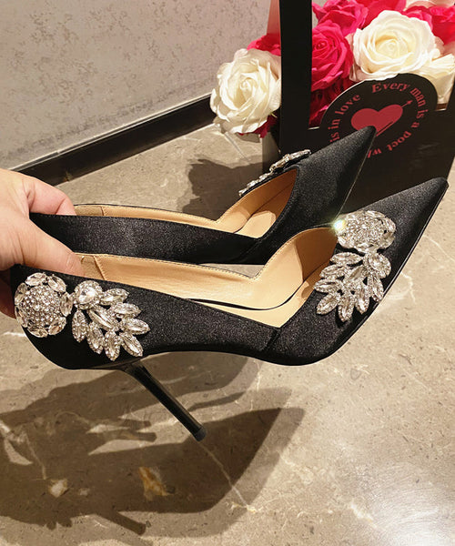 Stiletto Satin Splicing Black Toe Pointed Elegant High Heels FashionChic