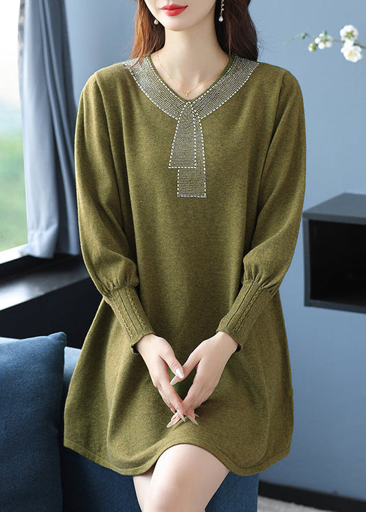 Elegant Tea Green V Neck Zircon Woolen Sweater Dress Winter RL017 ABC