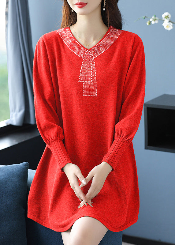 Elegant Tea Green V Neck Zircon Woolen Sweater Dress Winter RL017 ABC