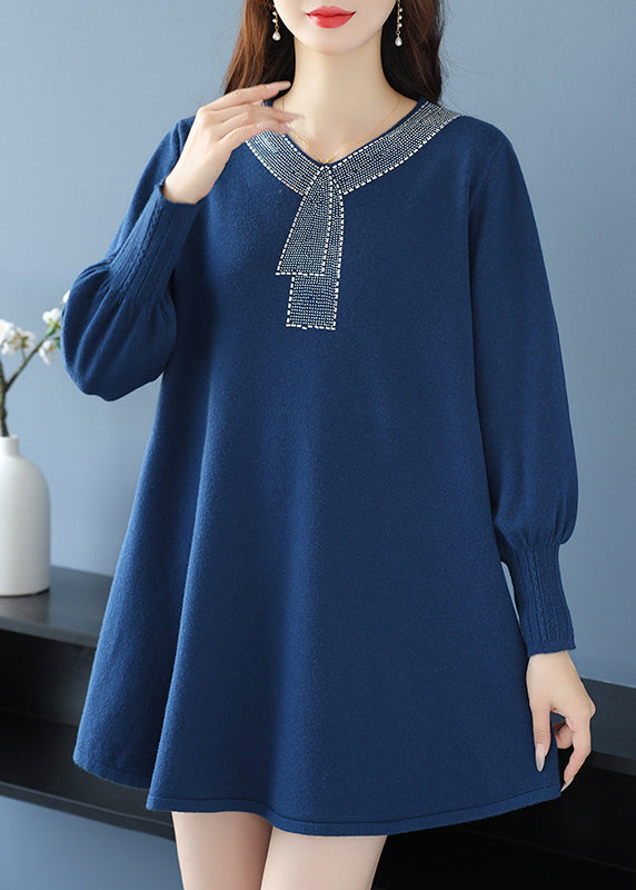 Elegant Tea Green V Neck Zircon Woolen Sweater Dress Winter RL017 ABC