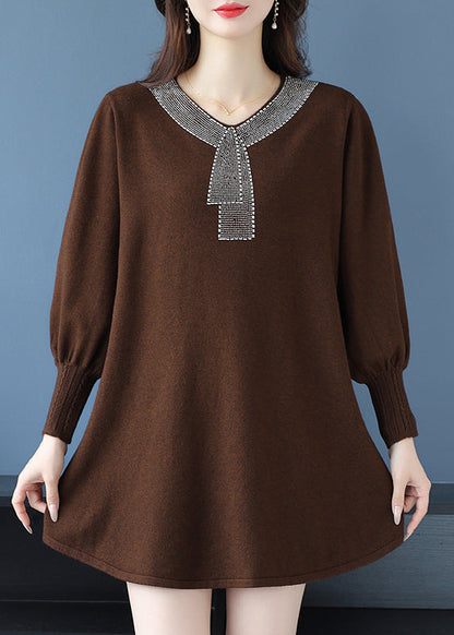 Elegant Tea Green V Neck Zircon Woolen Sweater Dress Winter RL017 ABC