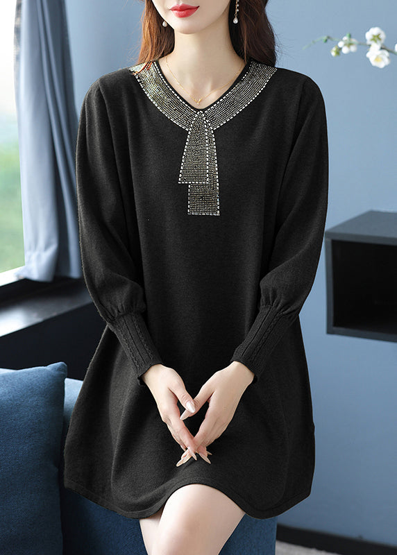 Elegant Tea Green V Neck Zircon Woolen Sweater Dress Winter RL017 ABC