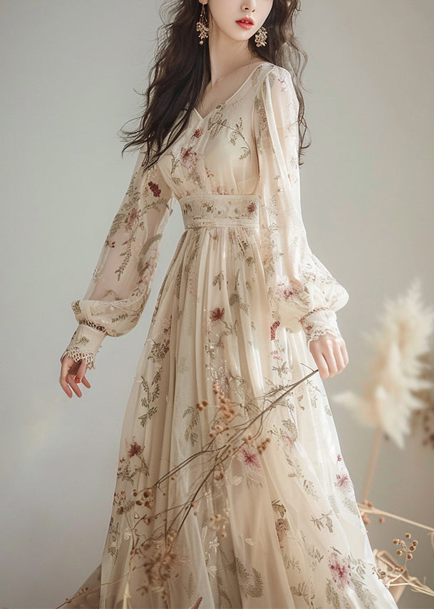 Elegant V Neck Print High Waist Chiffon Dress Long Sleeve KJ007 ZS-FDL240715