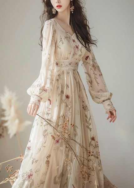 Elegant V Neck Print High Waist Chiffon Dress Long Sleeve KJ007 ZS-FDL240715