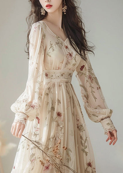 Elegant V Neck Print High Waist Chiffon Dress Long Sleeve KJ007 ZS-FDL240715