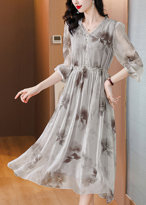 Elegant V Neck Print Ruffled Silk Chiffon Dresses Lantern Sleeve BB006 Hawaii-SDL240622