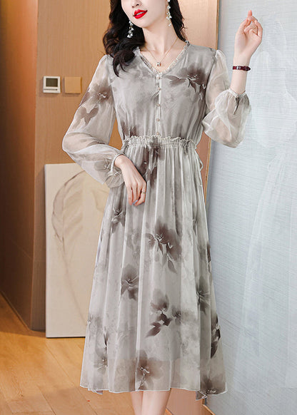 Elegant V Neck Print Ruffled Silk Chiffon Dresses Lantern Sleeve BB006 Hawaii-SDL240622