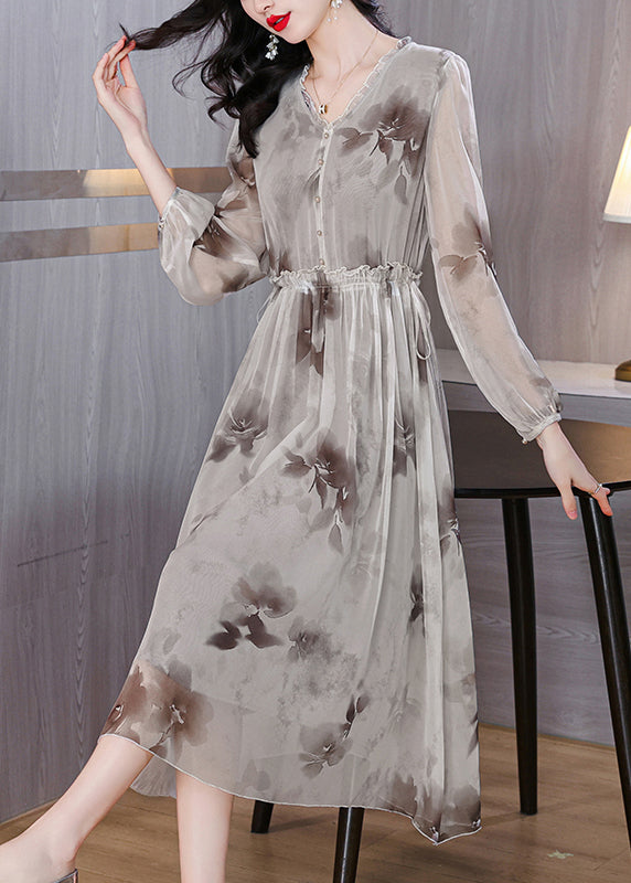 Elegant V Neck Print Ruffled Silk Chiffon Dresses Lantern Sleeve BB006 Hawaii-SDL240622