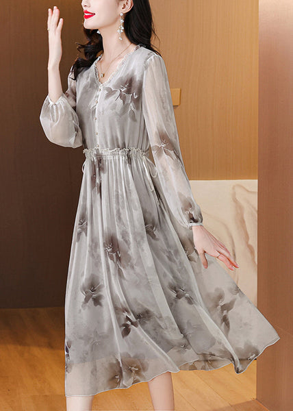 Elegant V Neck Print Ruffled Silk Chiffon Dresses Lantern Sleeve BB006 Hawaii-SDL240622