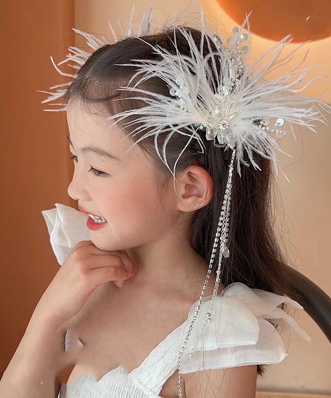 Elegant White Alloy Feather Pearl Sequins Tassel Girls Hairpin YG027 ABC