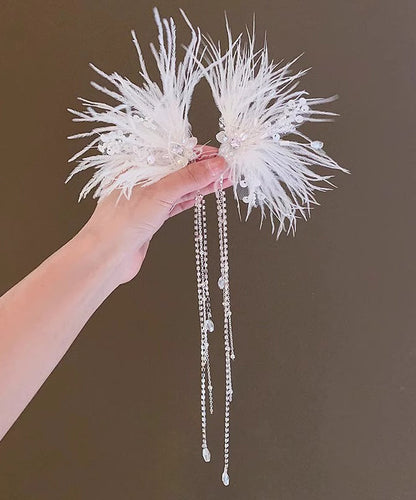 Elegant White Alloy Feather Pearl Sequins Tassel Girls Hairpin YG027 ABC