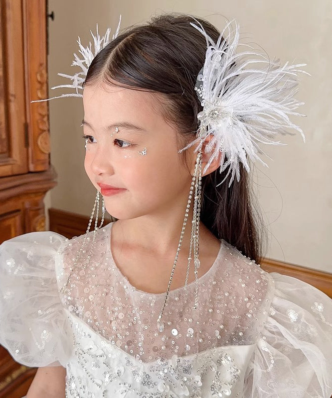 Elegant White Alloy Feather Pearl Sequins Tassel Girls Hairpin YG027 ABC