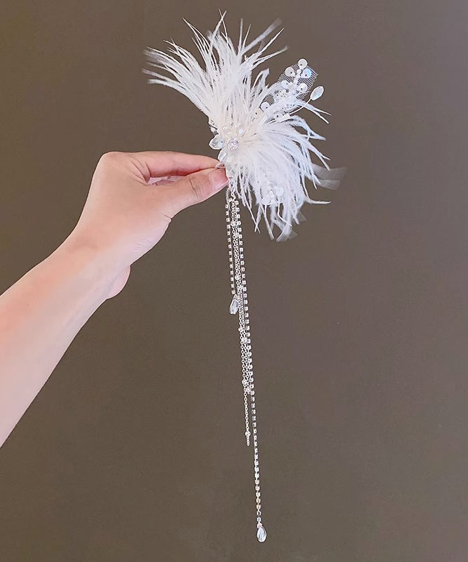 Elegant White Alloy Feather Pearl Sequins Tassel Girls Hairpin YG027 ABC