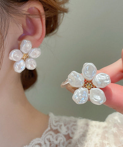 Elegant Earrings Floral White Wrinkled Stud Pearl Alloy FashionChic