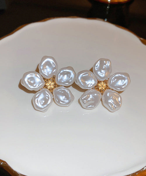 Elegant Earrings Floral White Wrinkled Stud Pearl Alloy FashionChic