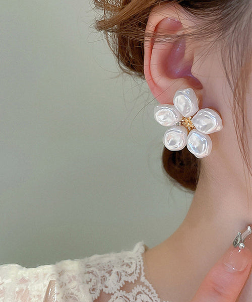 Elegant Earrings Floral White Wrinkled Stud Pearl Alloy FashionChic