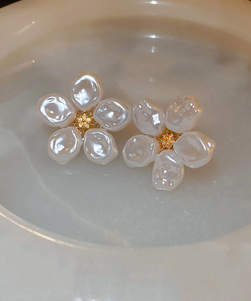 Elegant Earrings Floral White Wrinkled Stud Pearl Alloy FashionChic