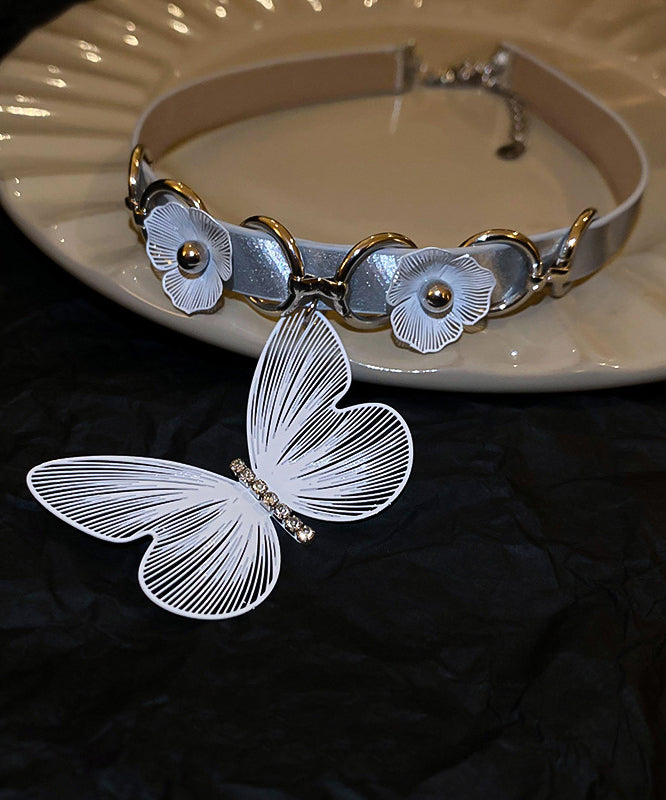 Elegant White Alloy Leather Patchwork Zircon Butterfly Choker PO059 JEW-NLC240729
