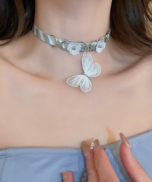 Elegant White Alloy Leather Patchwork Zircon Butterfly Choker PO059 JEW-NLC240729