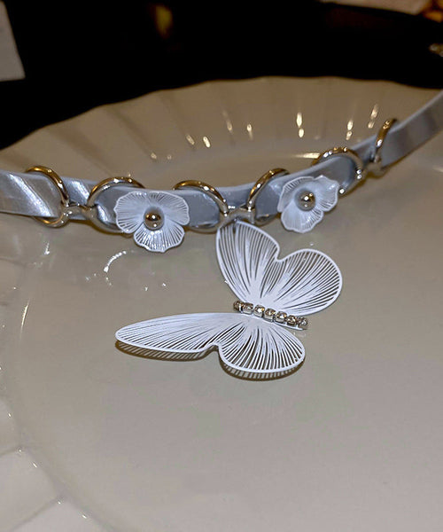 Elegant White Alloy Leather Patchwork Zircon Butterfly Choker PO059 JEW-NLC240729