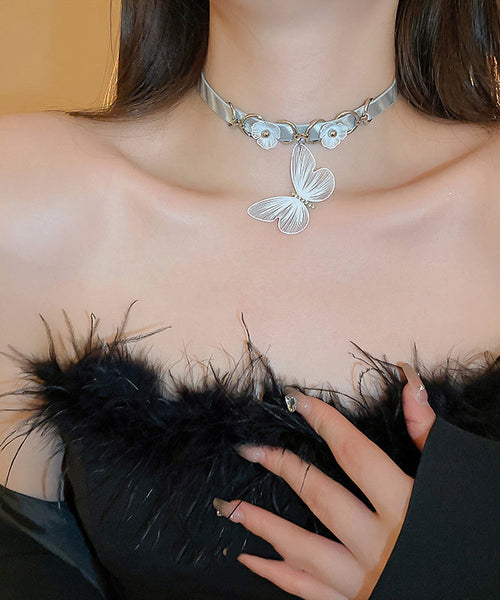 Elegant White Alloy Leather Patchwork Zircon Butterfly Choker PO059 JEW-NLC240729