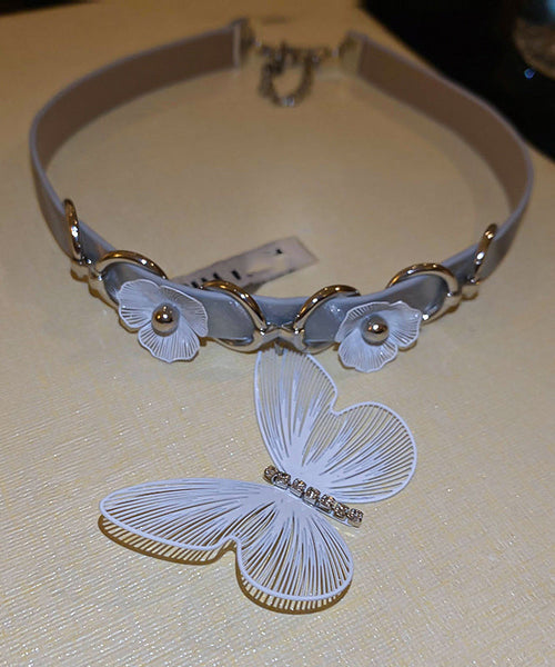 Elegant White Alloy Leather Patchwork Zircon Butterfly Choker PO059 JEW-NLC240729