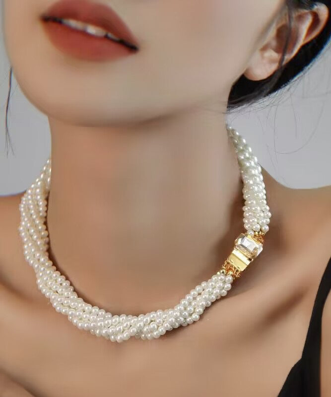 Elegant White Alloy Multi Layer Pearl Princess Necklace QU024 JEW-NLC241007