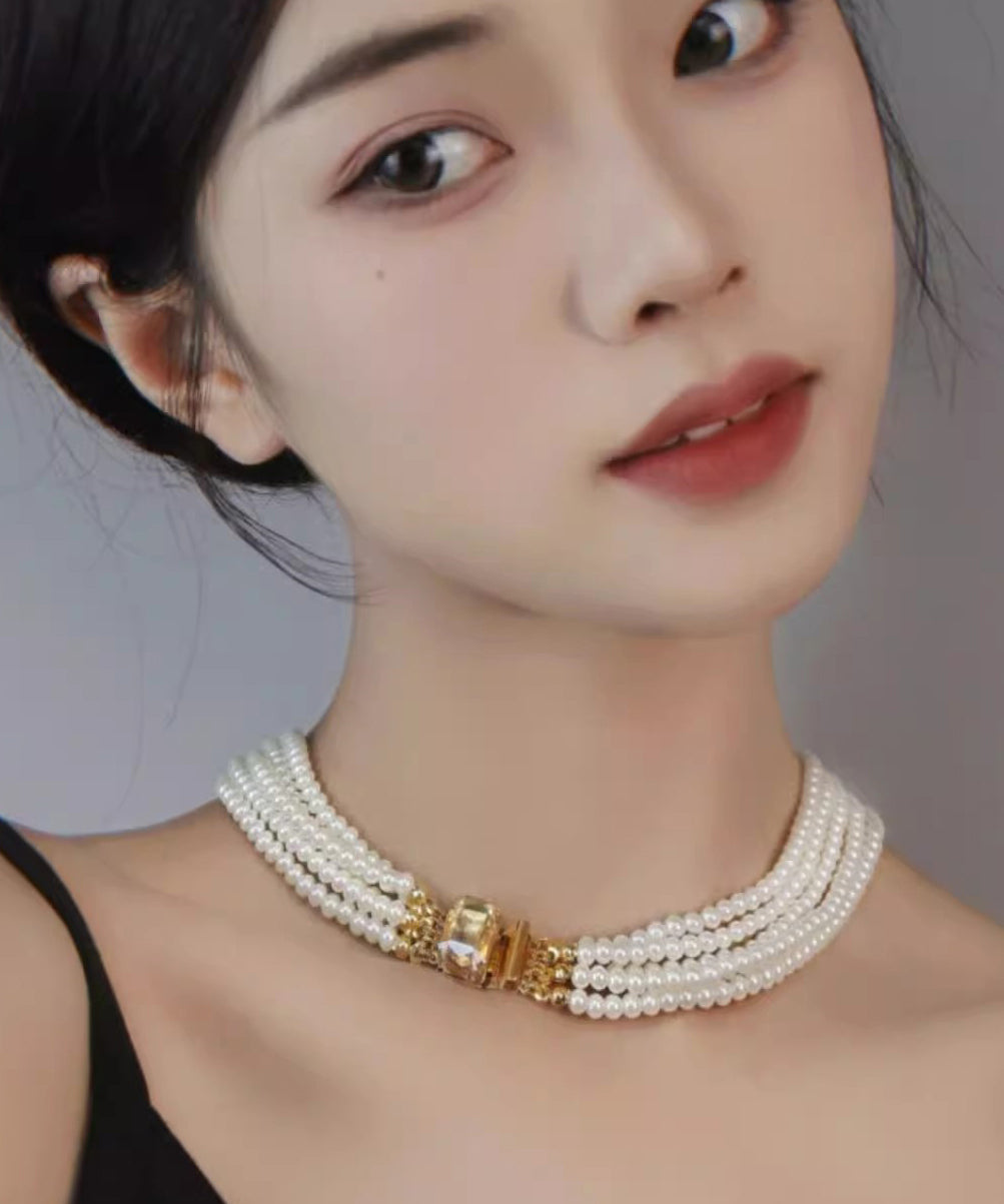 Elegant White Alloy Multi Layer Pearl Princess Necklace QU024 JEW-NLC241007