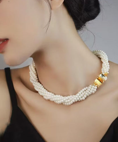 Elegant White Alloy Multi Layer Pearl Princess Necklace QU024 JEW-NLC241007