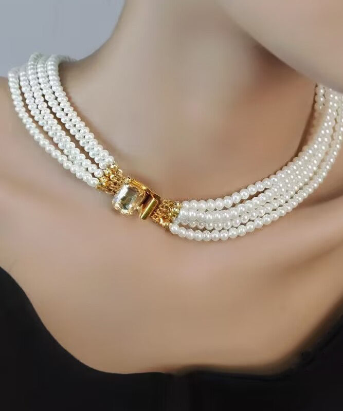 Elegant White Alloy Multi Layer Pearl Princess Necklace QU024 JEW-NLC241007