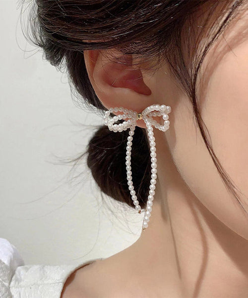 Elegant White Alloy Pearl Butterfly Tassel Drop Earrings YA027 ABC