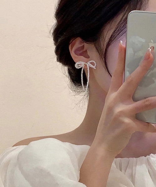 Elegant White Alloy Pearl Butterfly Tassel Drop Earrings YA027 ABC