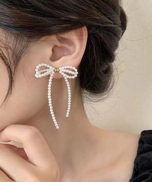 Elegant White Alloy Pearl Butterfly Tassel Drop Earrings YA027 ABC