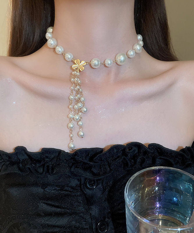 Tassel White Elegant Pendant Necklace Alloy Pearl Floral FashionChic