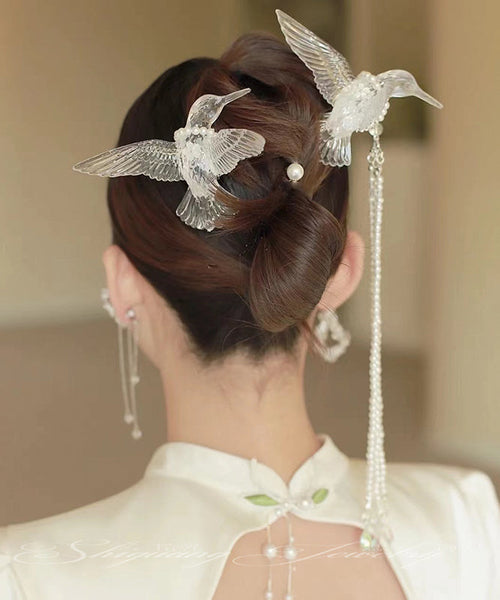 Elegant White Alloy Pearl Resin Magpie Tassel Hairpin AB1074 Genistyle Shop