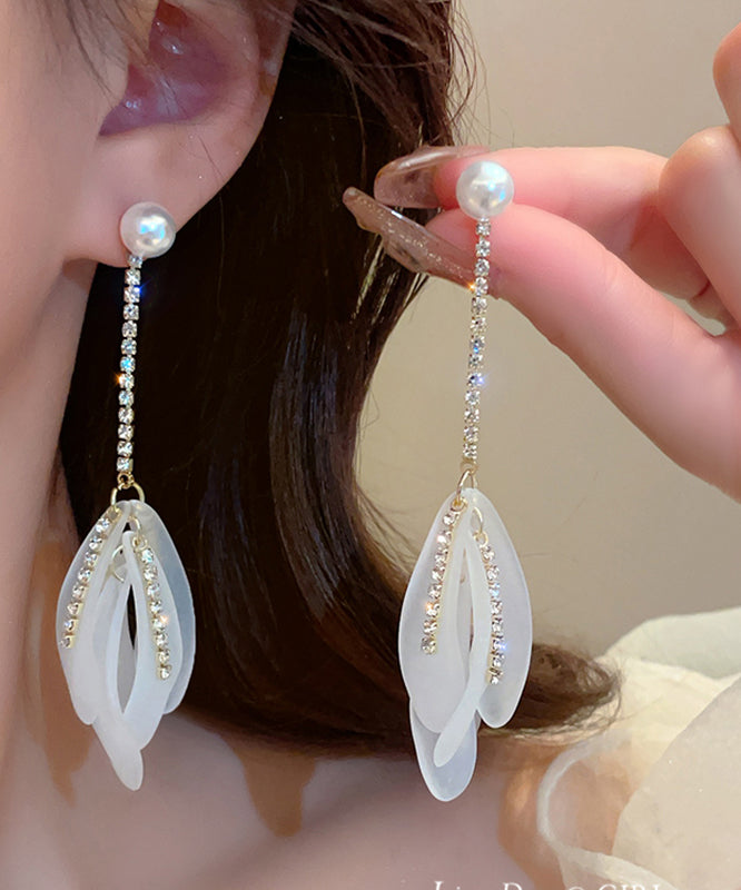 Elegant White Alloy Zircon Pearl Petal Tassel Drop Earrings QQ005 JEW-EAR240811