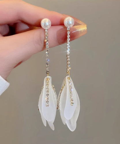 Elegant White Alloy Zircon Pearl Petal Tassel Drop Earrings QQ005 JEW-EAR240811