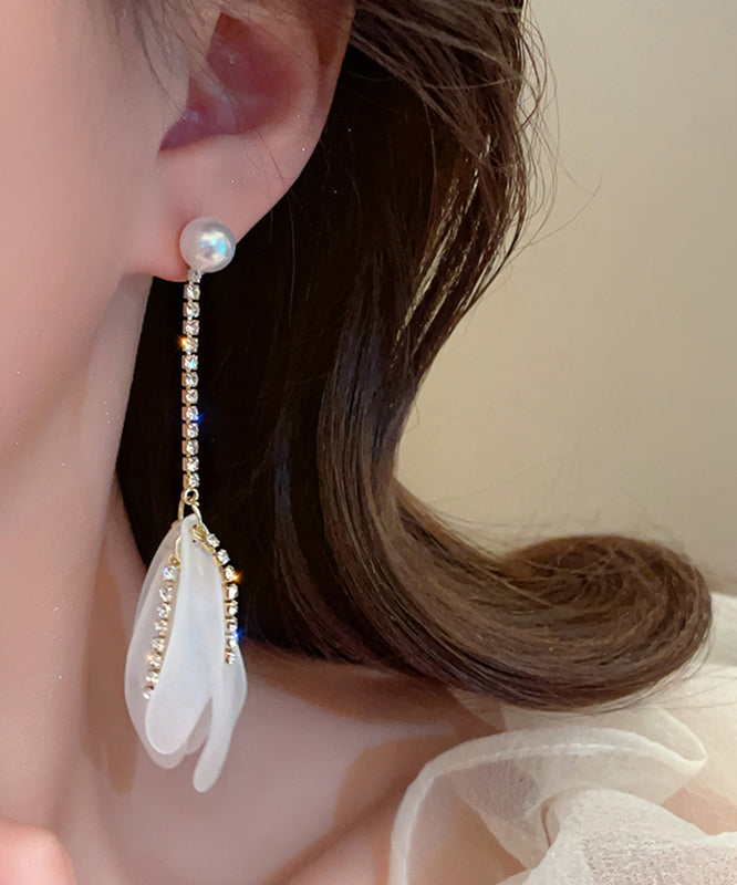 Elegant White Alloy Zircon Pearl Petal Tassel Drop Earrings QQ005 JEW-EAR240811