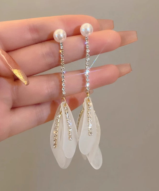 Elegant White Alloy Zircon Pearl Petal Tassel Drop Earrings QQ005 JEW-EAR240811