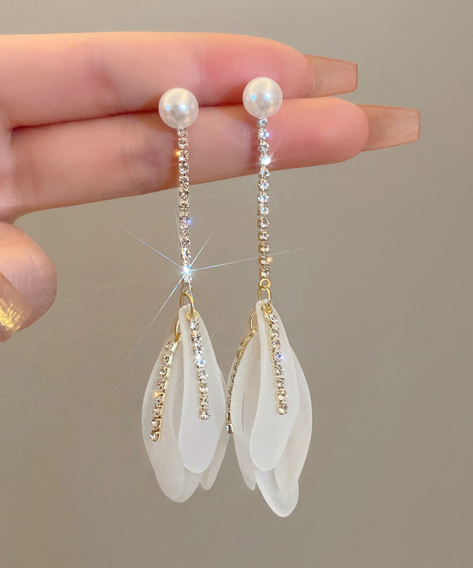 Elegant White Alloy Zircon Pearl Petal Tassel Drop Earrings QQ005 JEW-EAR240811