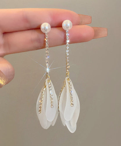 Elegant White Alloy Zircon Pearl Petal Tassel Drop Earrings QQ005 JEW-EAR240811