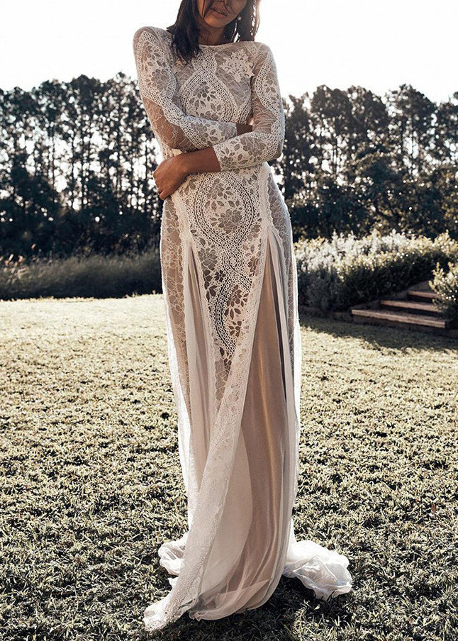 Lace White Dresses Spring Backless Elegant Maxi Out Hollow FashionChic